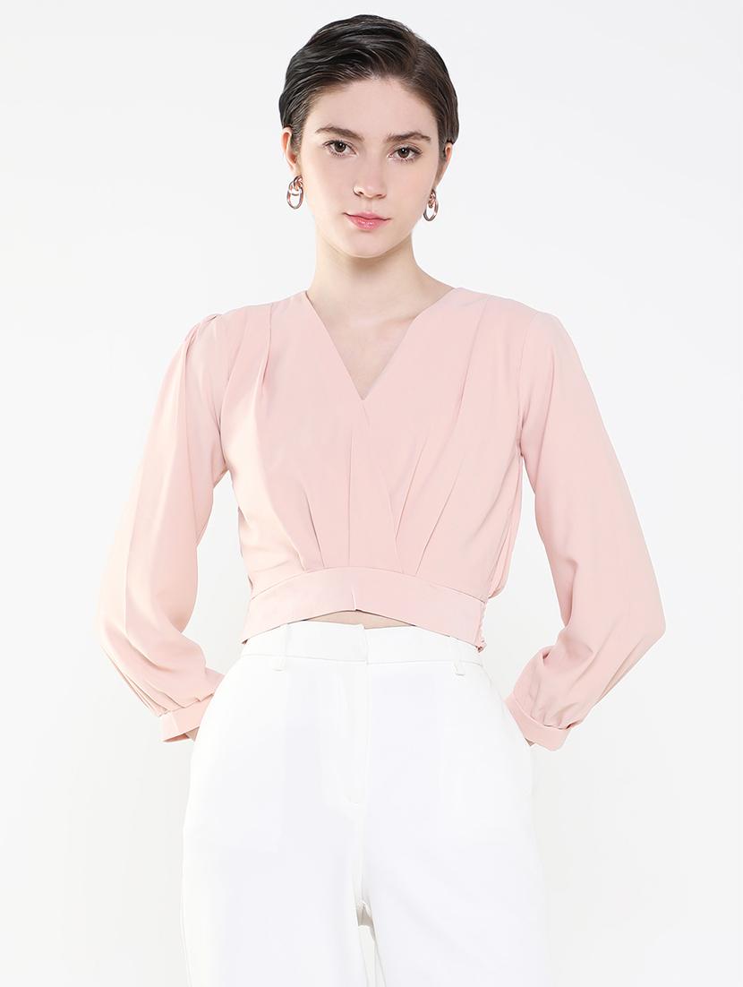 women solid v neck crop top