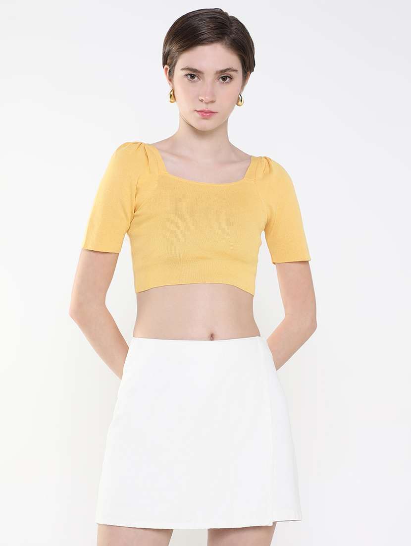 women mustard solid crop top