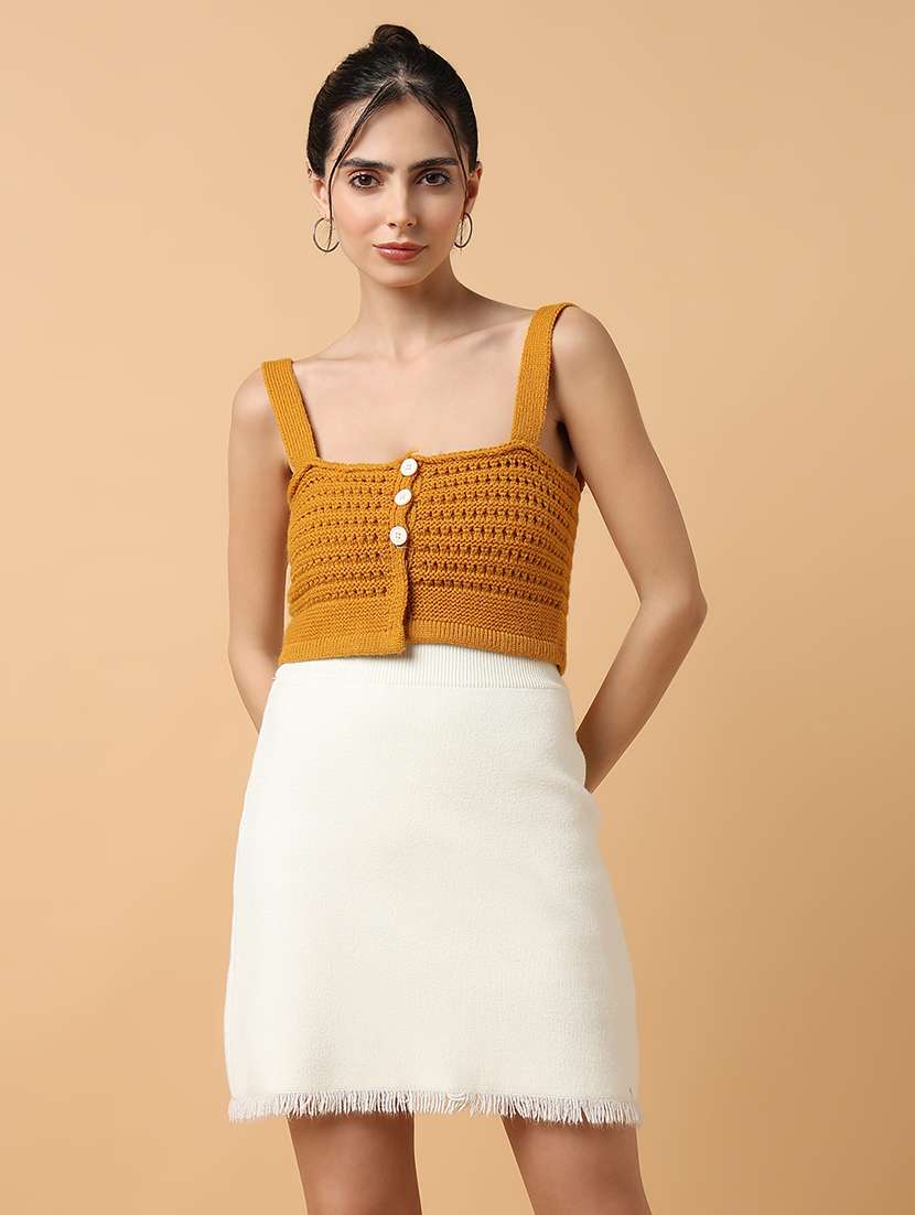 women mustard crochet crop top