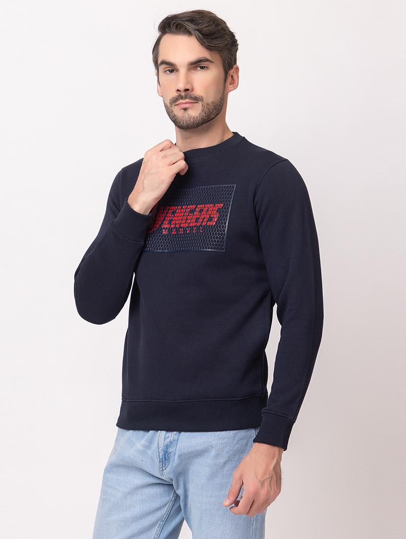 men navy blue cotton chest print sweatshirt