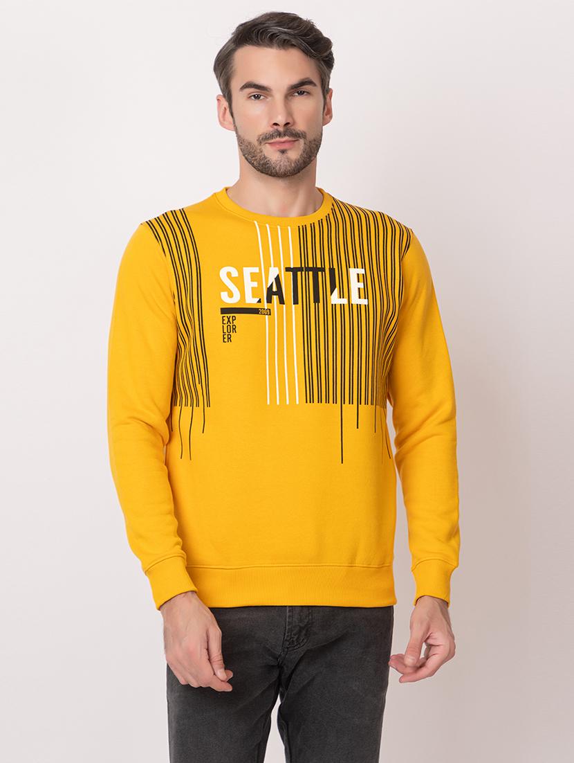 men yellow cotton front print sweatshirt