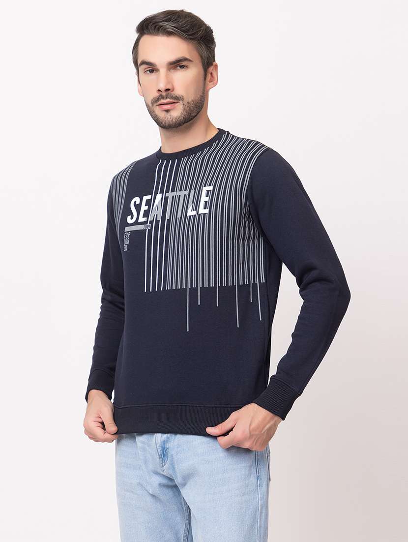 men navy blue cotton front print sweatshirt