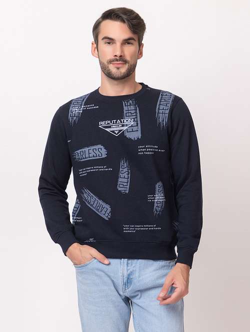 men navy blue cotton front print sweatshirt - 21515330 - Standard Image - 0