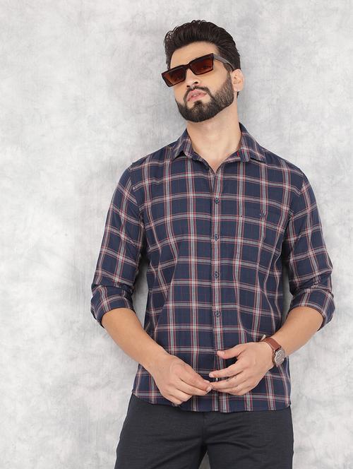 men navy blue checks long sleeves casual shirt - 21517895 - Standard Image - 0