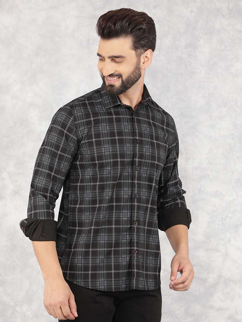 men collared tartan check casual shirt