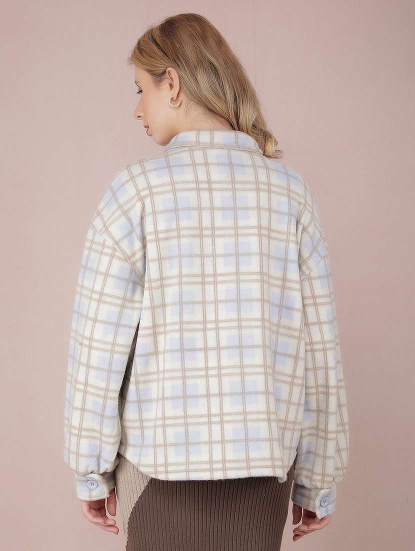 women check printed collared long sleeve shacket - 21517979 - Standard Image - 3