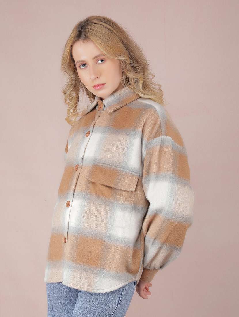 women check printed collared long sleeve shacket