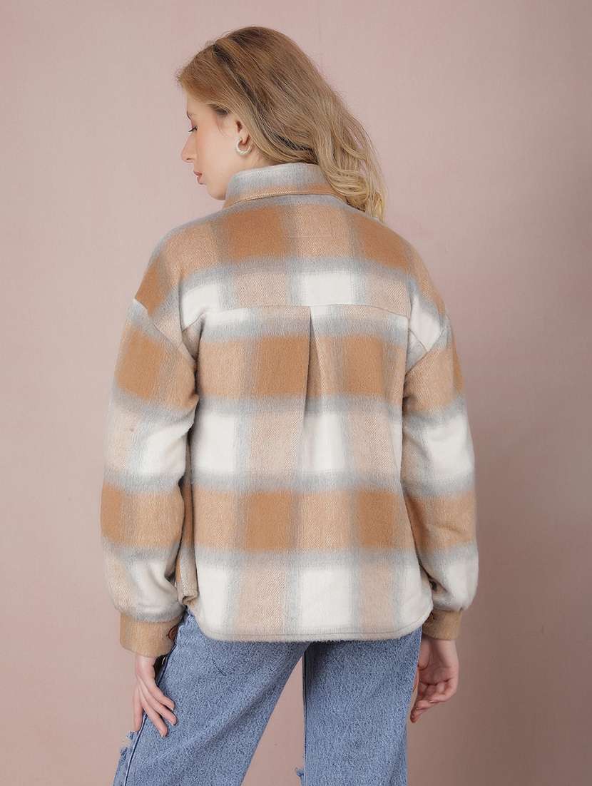 women check printed collared long sleeve shacket - 21517980 -  Standard Image - 3