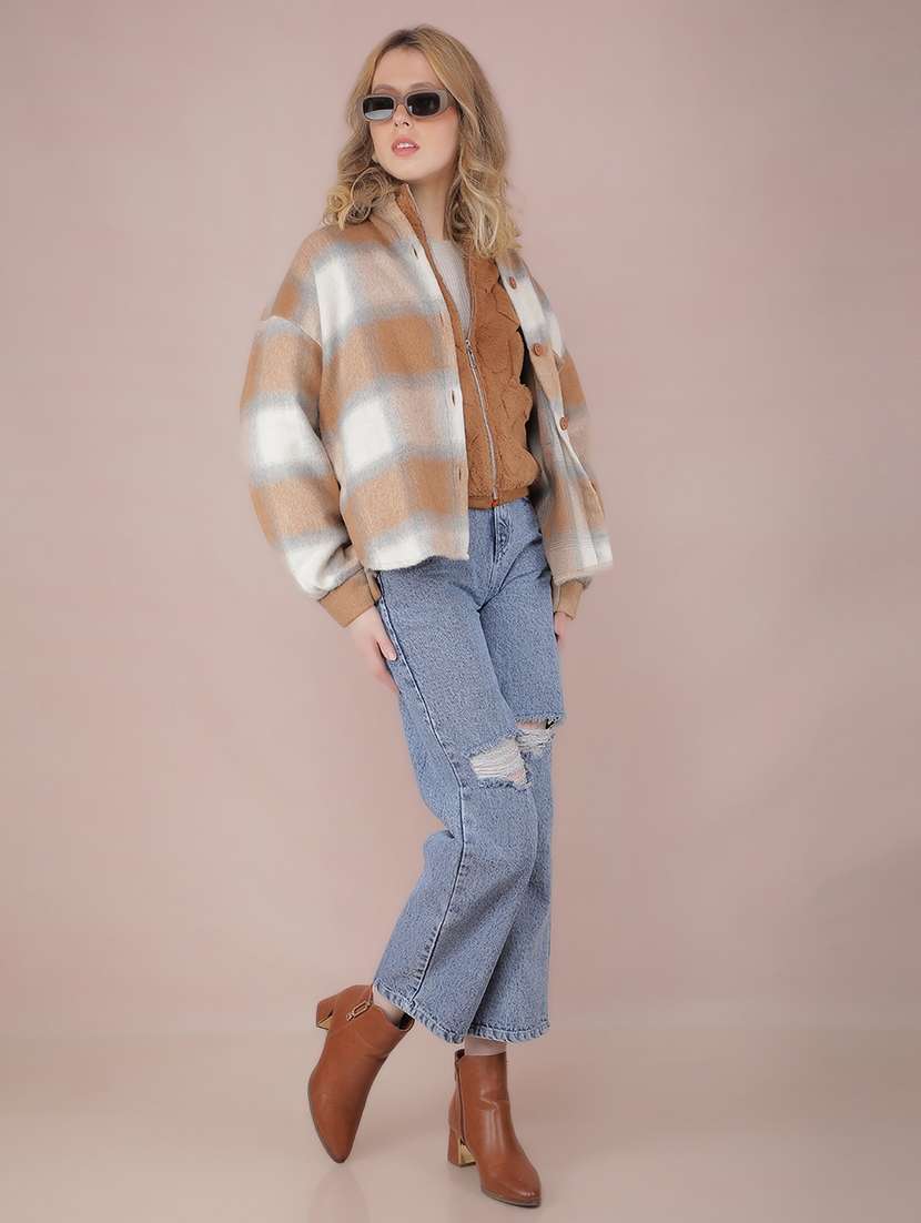 women check printed collared long sleeve shacket - 21517980 -  Standard Image - 5