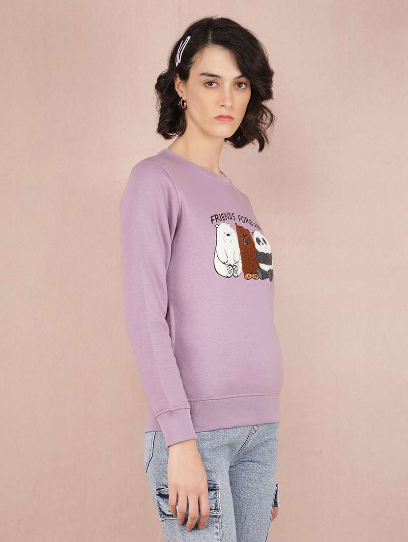women purple cotton blend front print sweatshirt