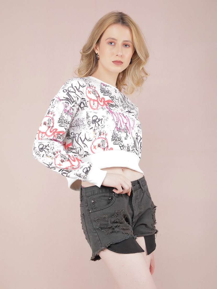 women off white poly blend all over print sweatshirt