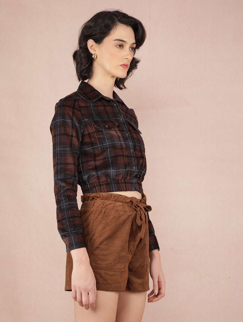 crimsoune club women's brown checked cropped corduroy shacket