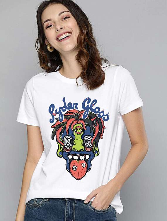 women white cotton blend front print t-shirt