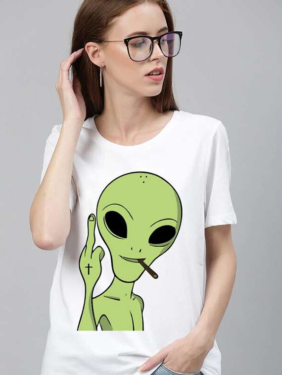 women white cotton blend front print t-shirt