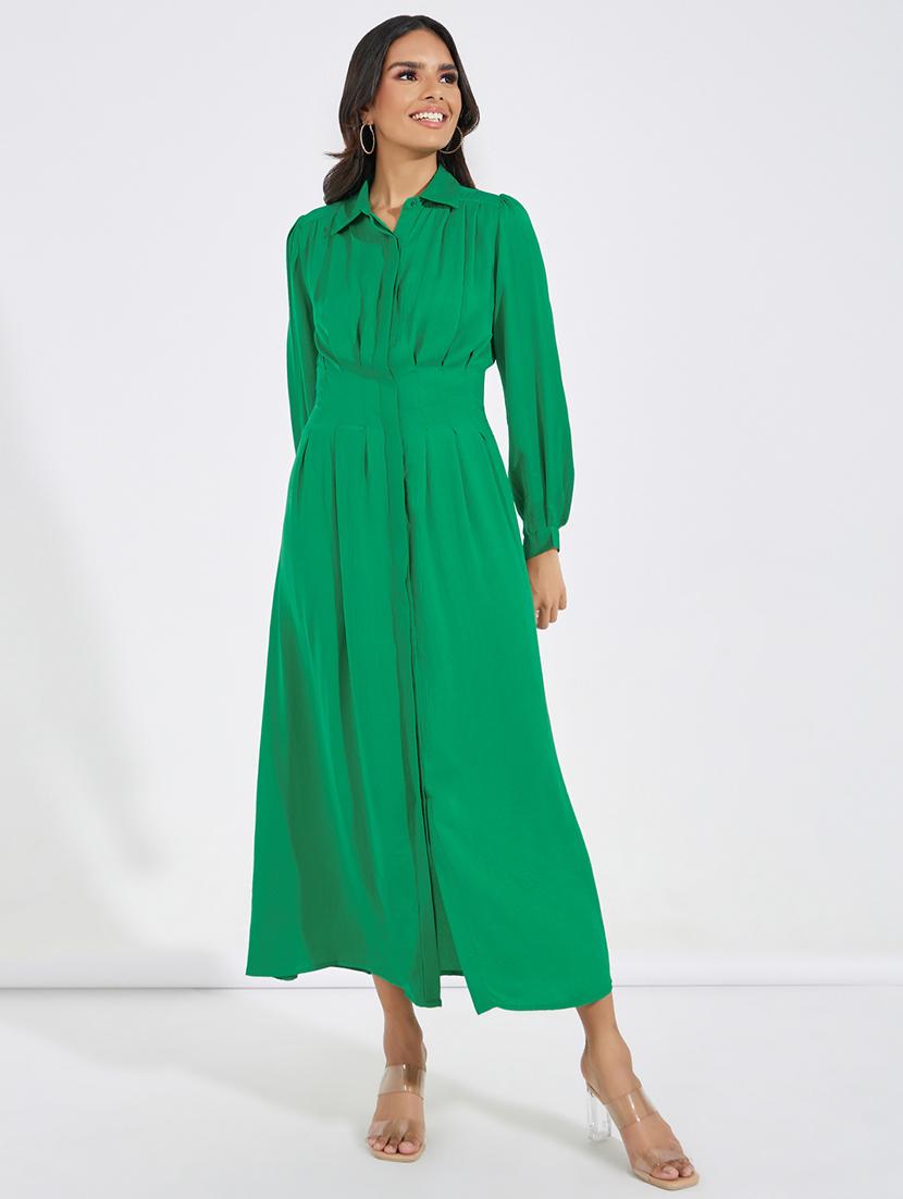 women solid collared puff sleeve a-line dress - 21518845 -  Zoom Image - 0