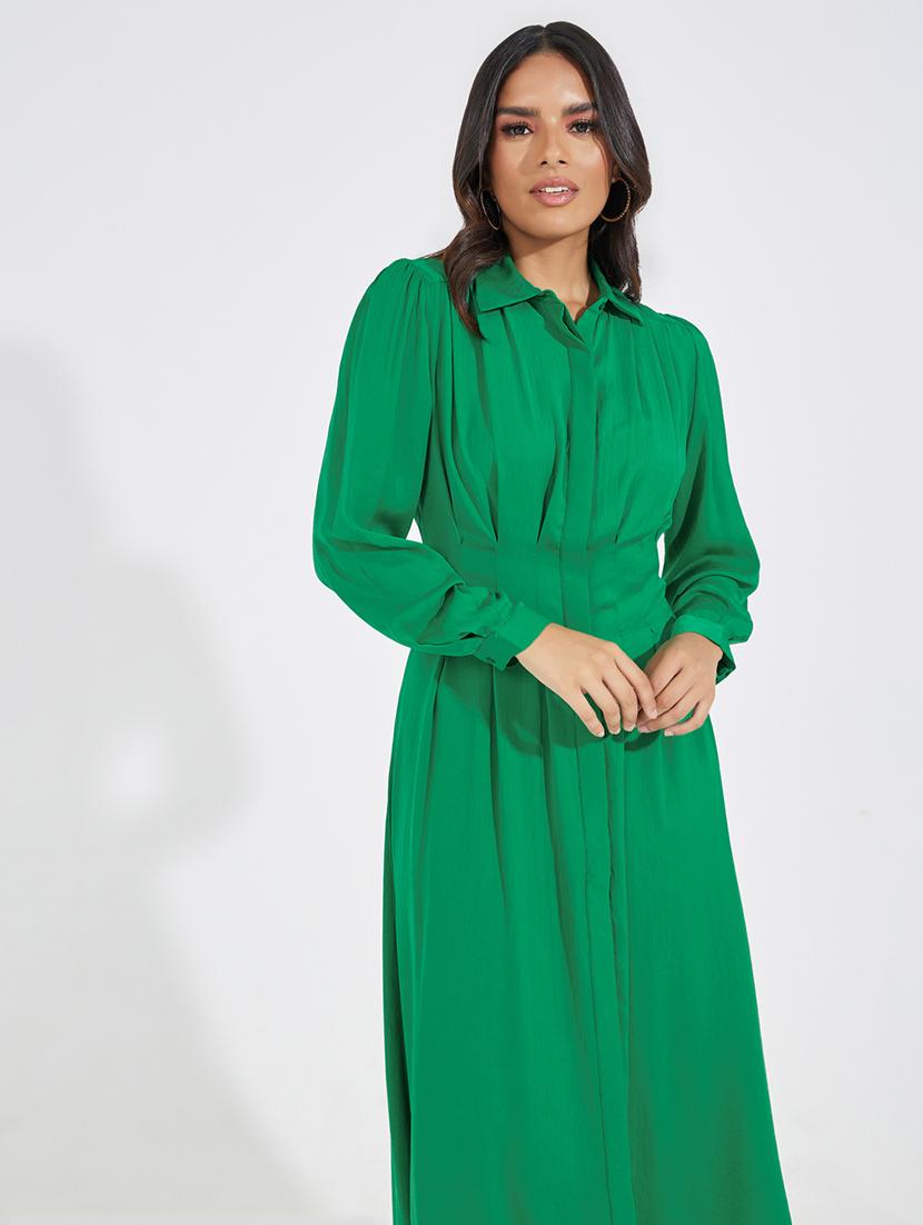 women solid collared puff sleeve a-line dress - 21518845 - Standard Image - 3