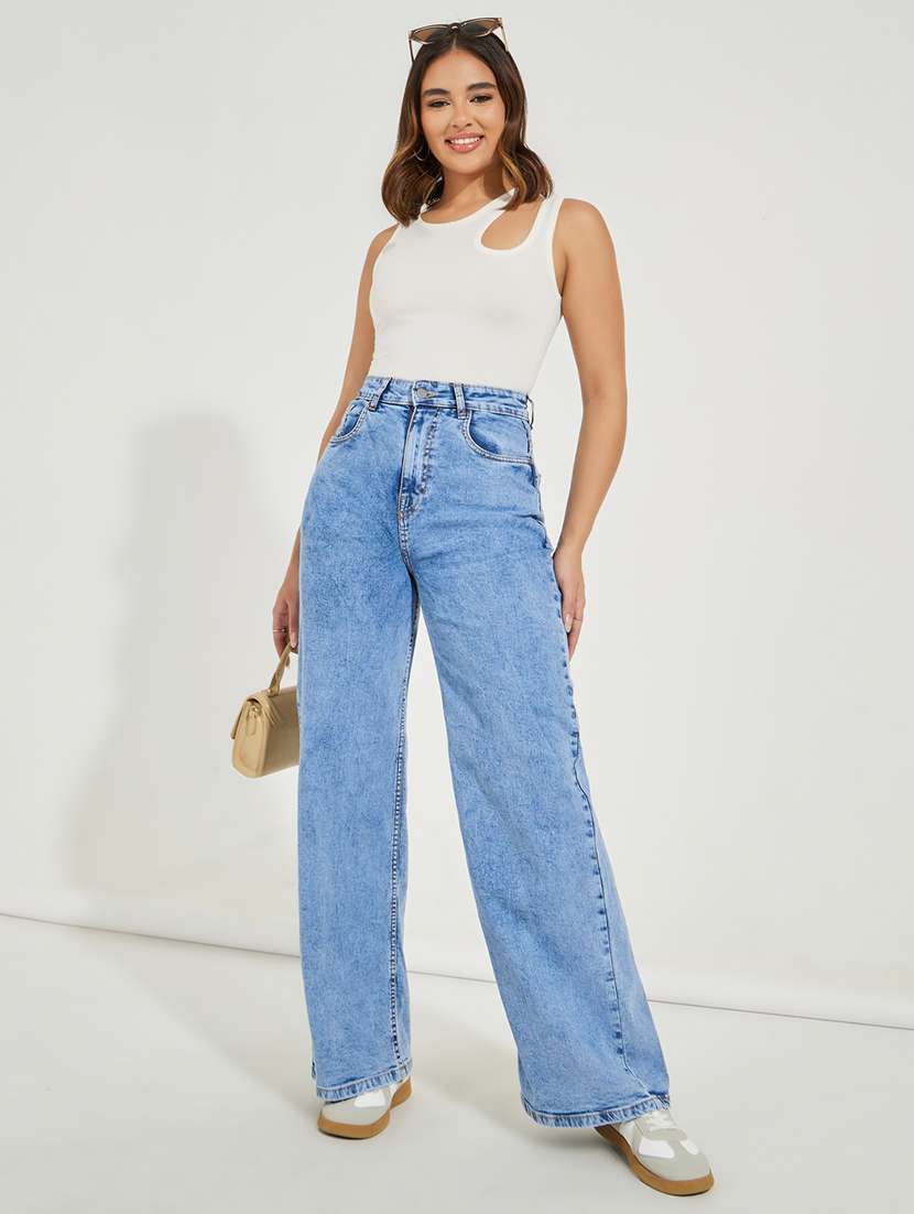 Women Light Blue Solid Wide Leg Jean