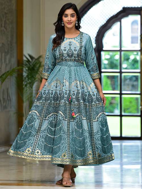 women light blue round neck flared dress - 21518959 -  Standard Image - 0