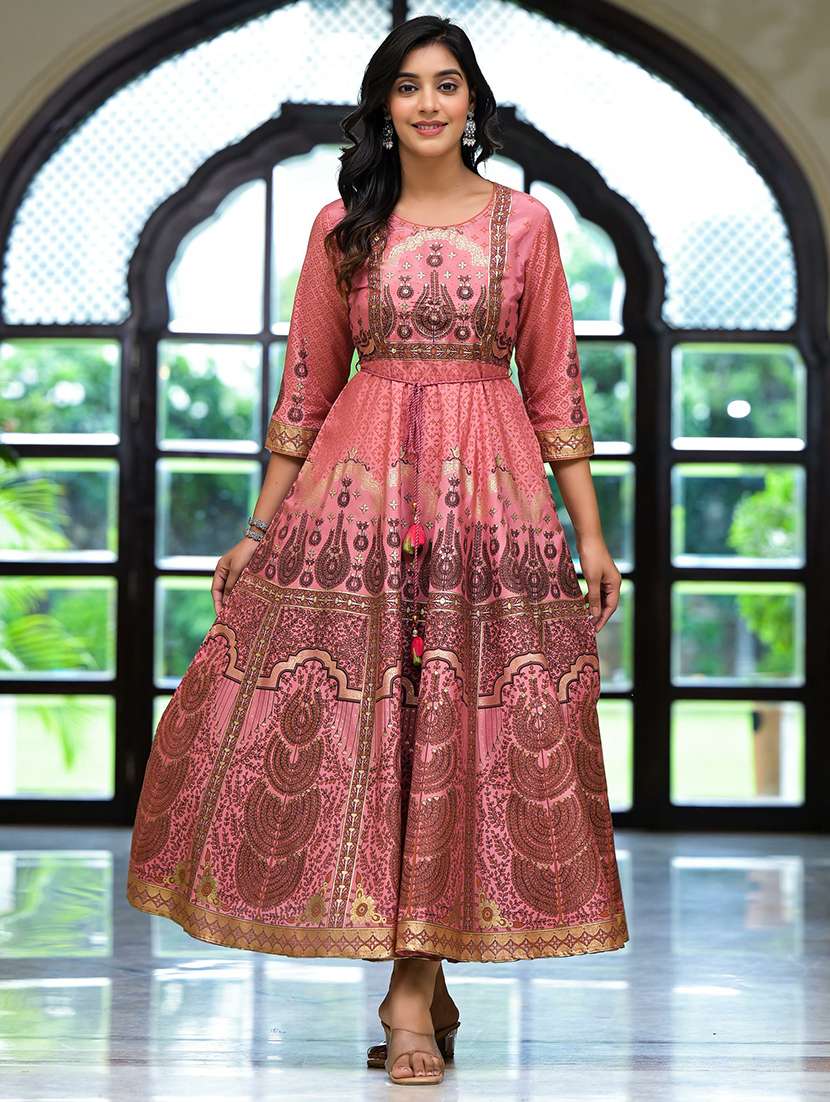 women peach round neck flared dress