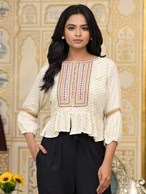 women beige printed boat neck top - 21518961 - Standard Image - 0