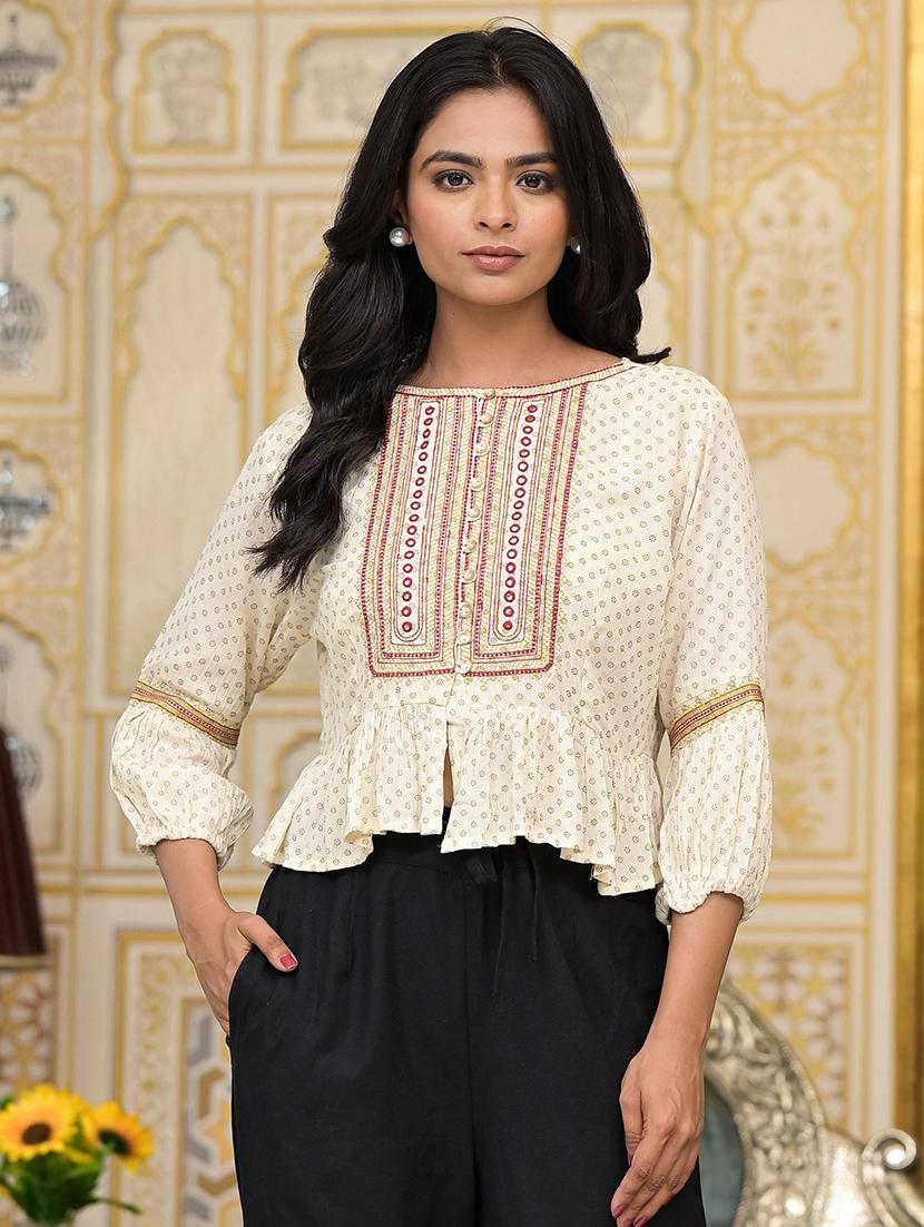 women beige printed boat neck top - 21518961 - Zoom Image - 0