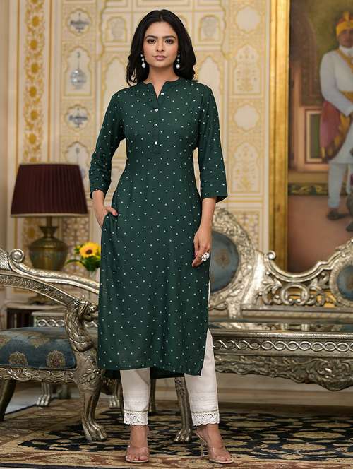 women bottle green mandarin neck straight kurta - 21518963 -  Standard Image - 0