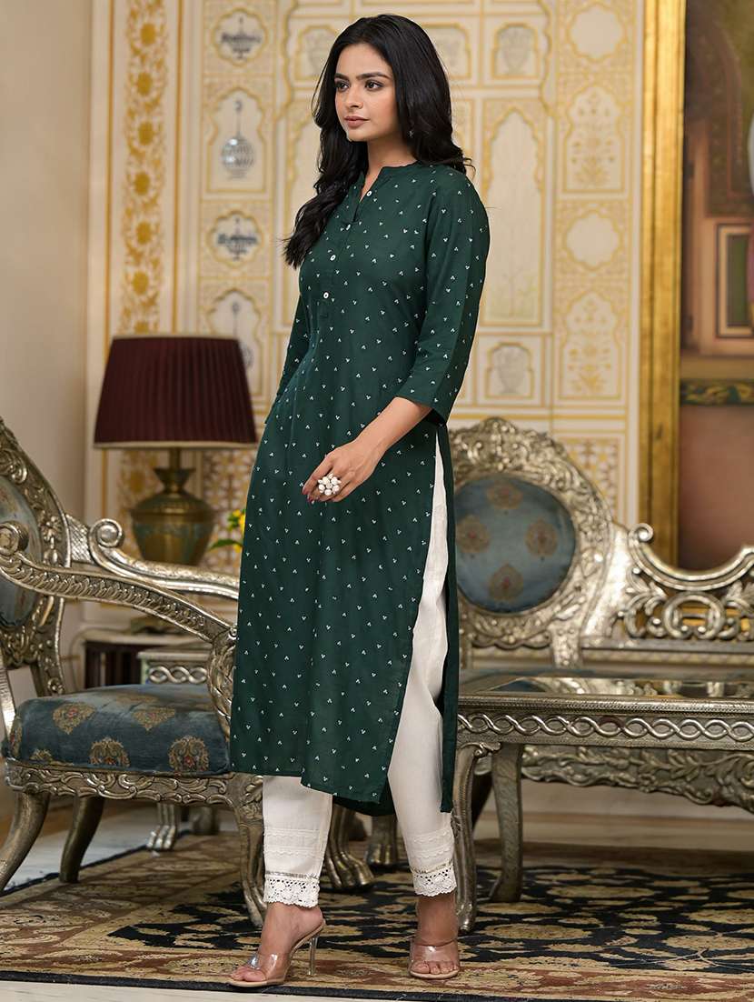 women bottle green mandarin neck straight kurta - 21518963 -  Standard Image - 3