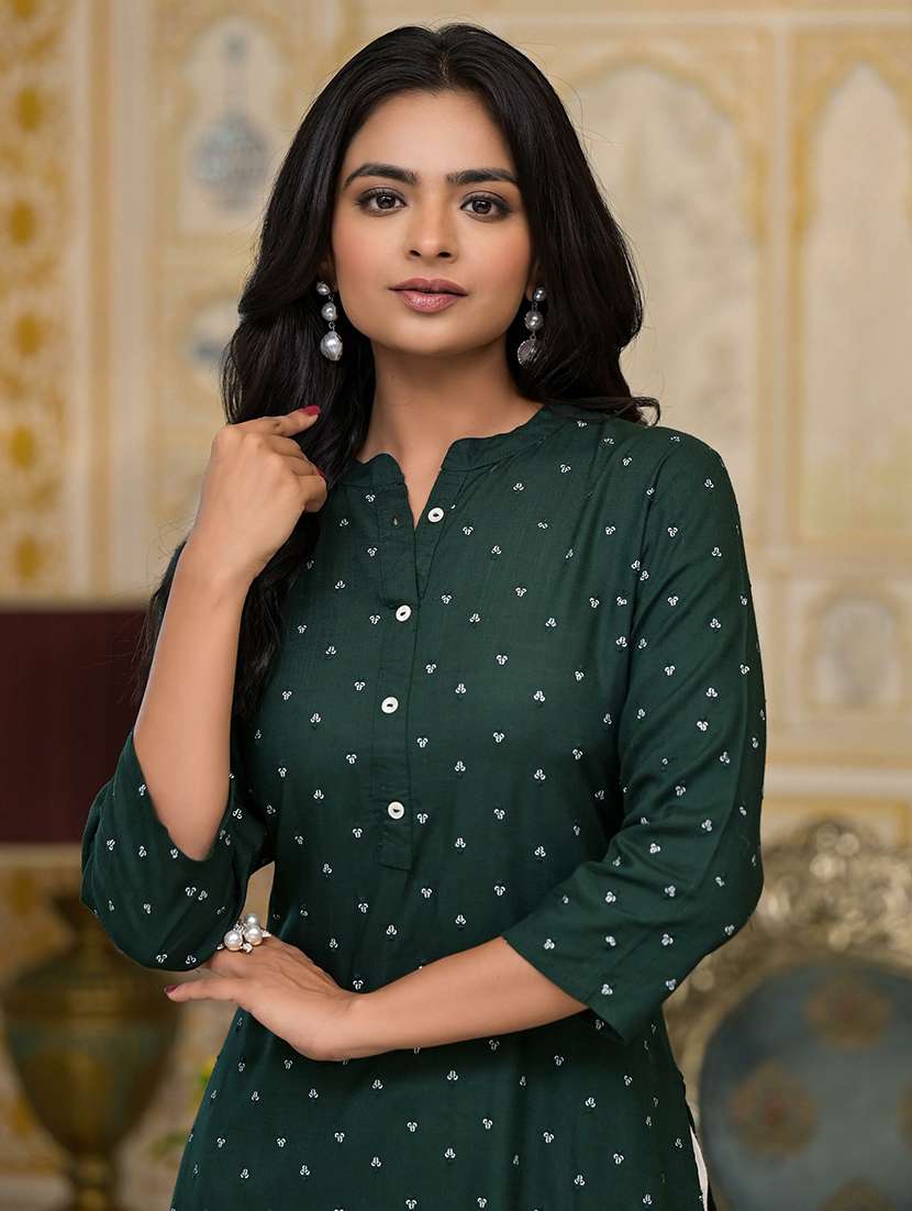 women bottle green mandarin neck straight kurta - 21518963 -  Standard Image - 5