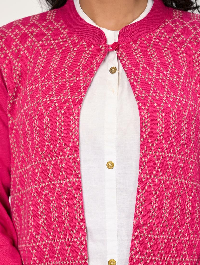 women pink self design long sleeve long cardigan - 21518969 - Standard Image - 5