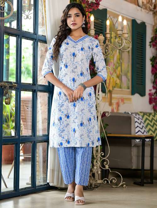 women blue floral kurta pant set - 21518985 - Standard Image - 0