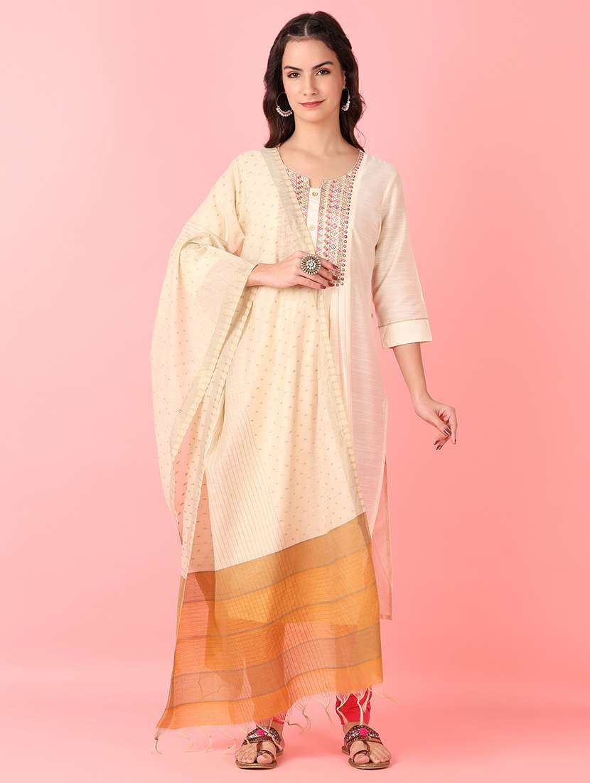 women cream self design dupatta