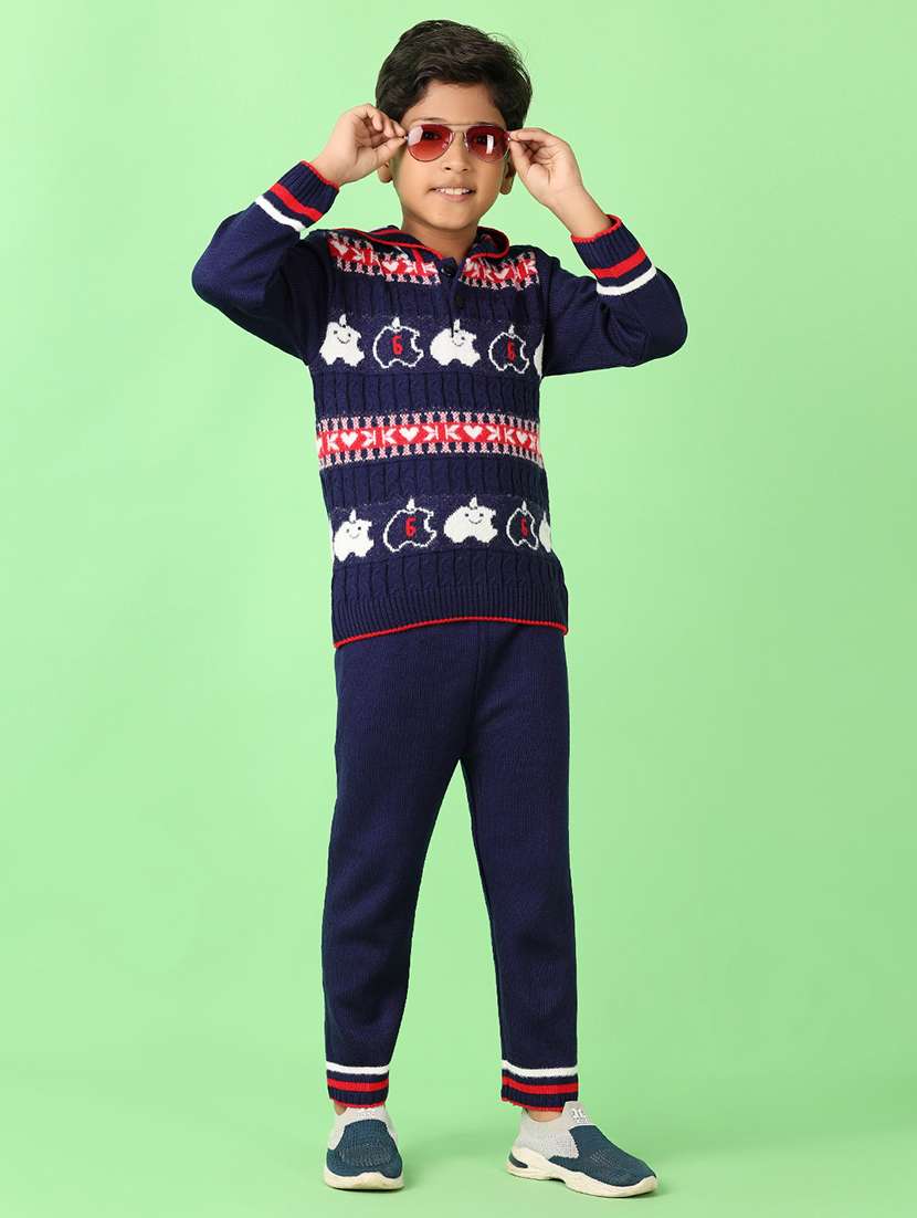 boys self design winter wear sweater & bottom set