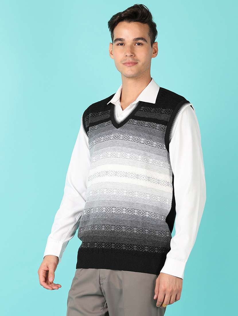 men v-neck self design pullover