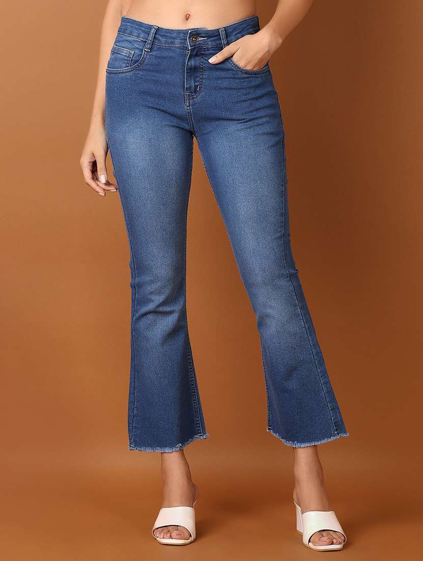Women Solid Mid Rise Bootcut Jean