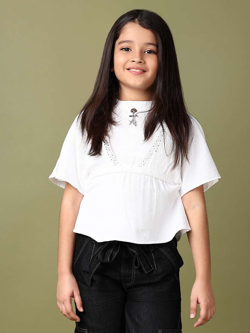 girls white solid short sleeve top