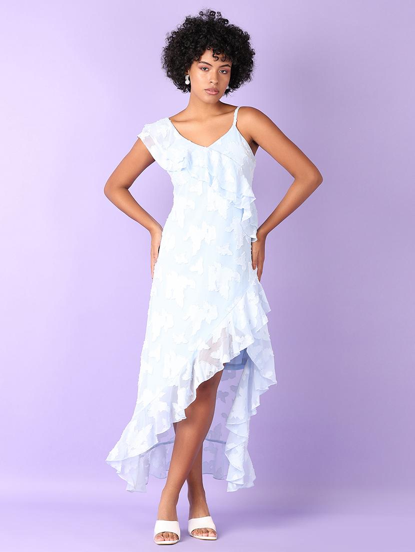 women solid asymmetric neck ruffled dress