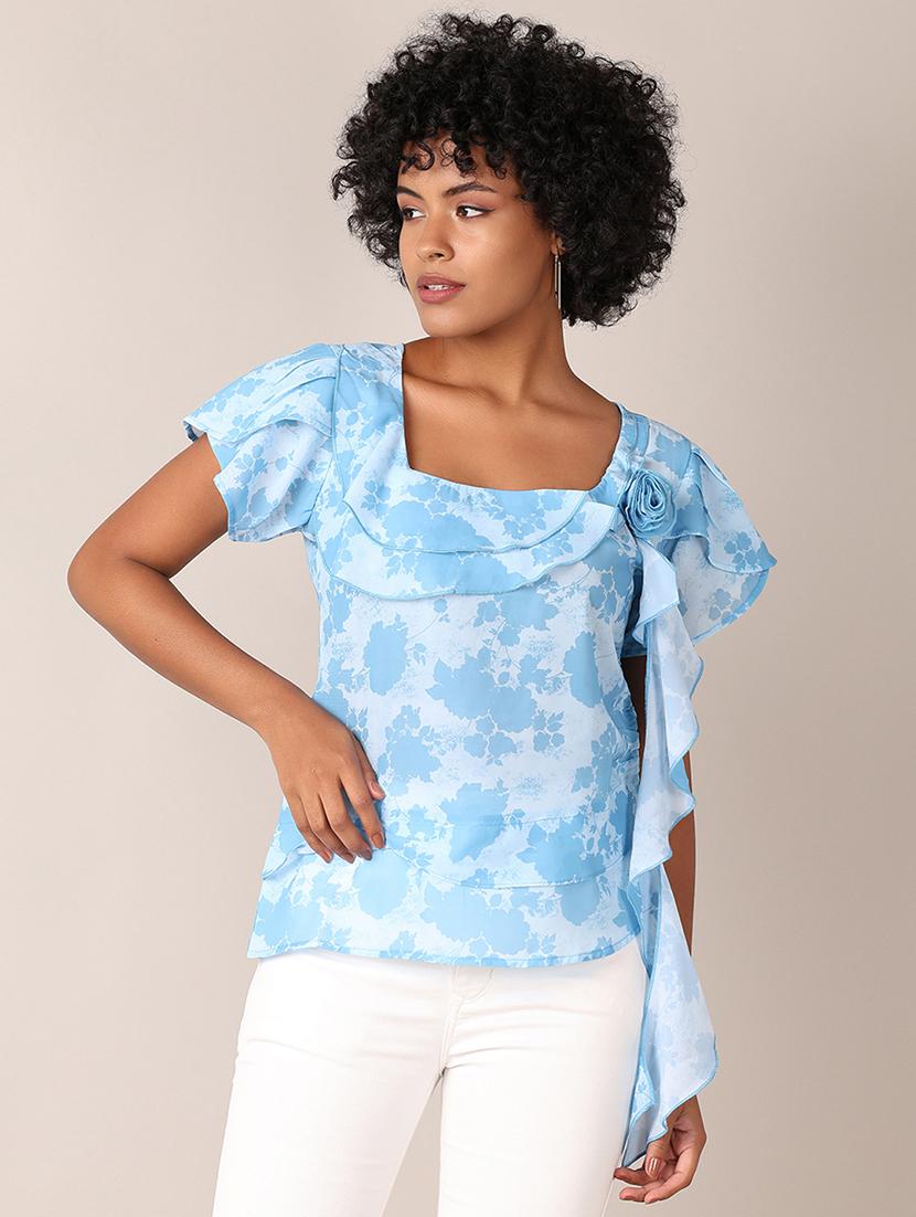 women printed short sleeves ruffled top - 21519394 -  Zoom Image - 0