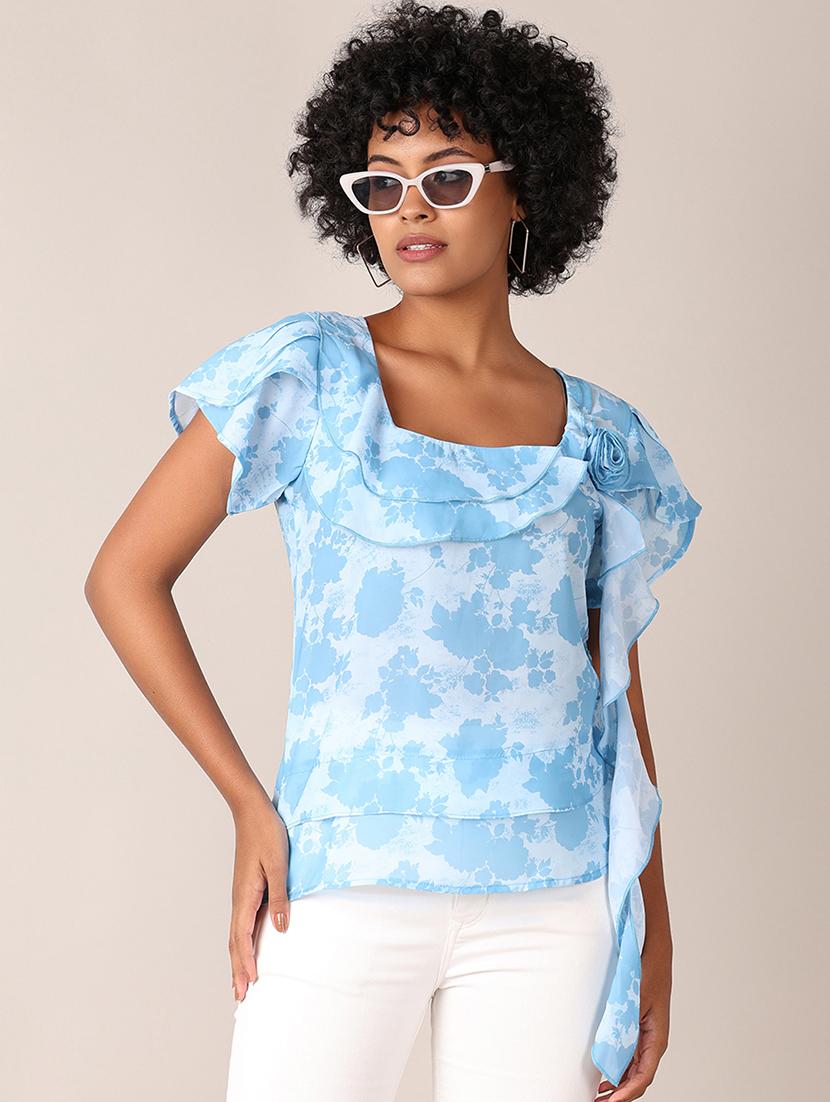 women printed short sleeves ruffled top - 21519394 - Standard Image - 3