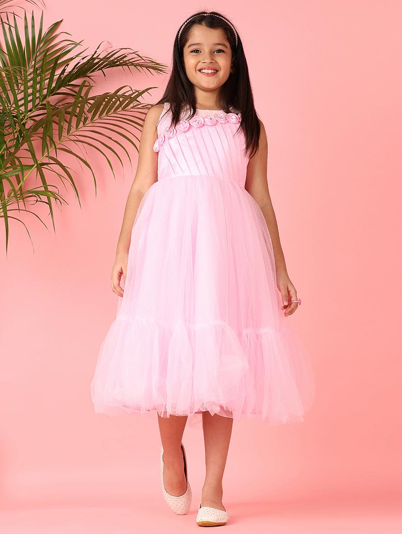 girls pink solid round neck frock