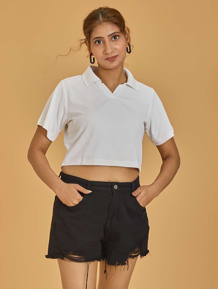 women white solid short sleeve crop t-shirt