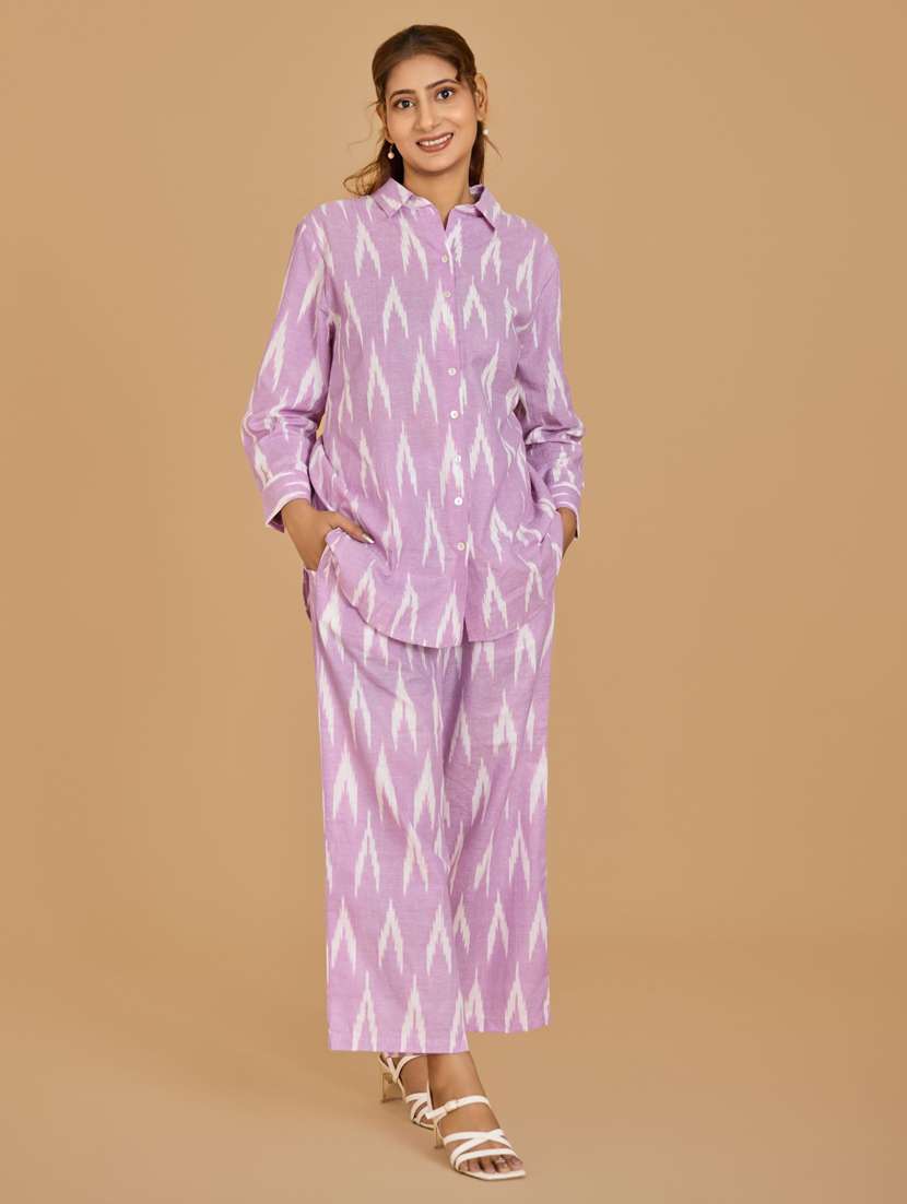 women lavender shirt & trouser co-ord set