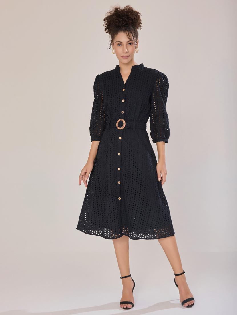 women black cotton blend a-line dress