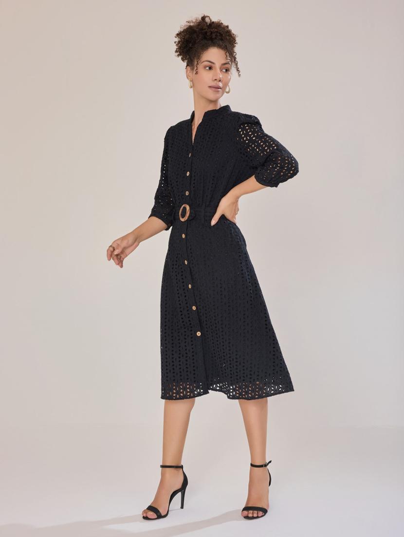 women black cotton blend a-line dress - 21520260 - Standard Image - 3