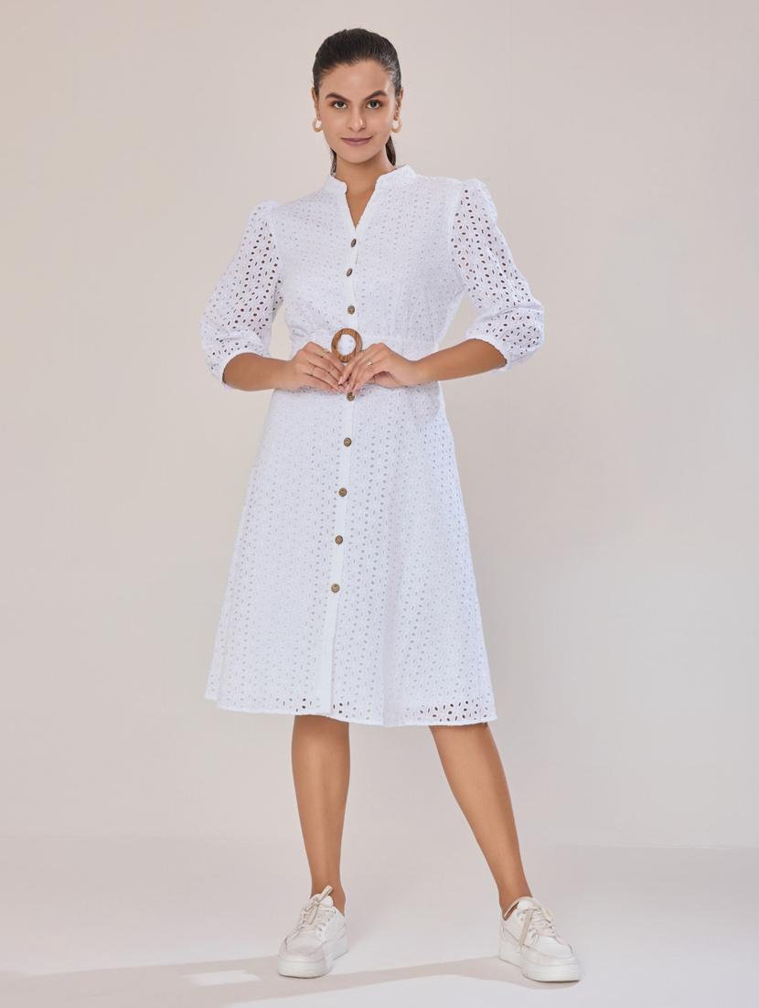 women white cotton blend a-line dress