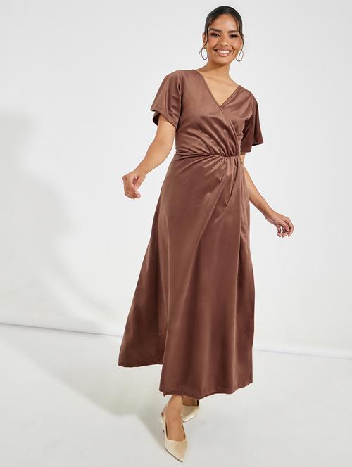 women brown solid wrap dress - 21520370 -  Standard Image - 0