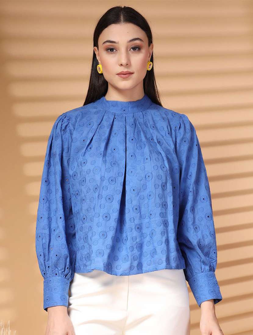 women blue cotton regular top