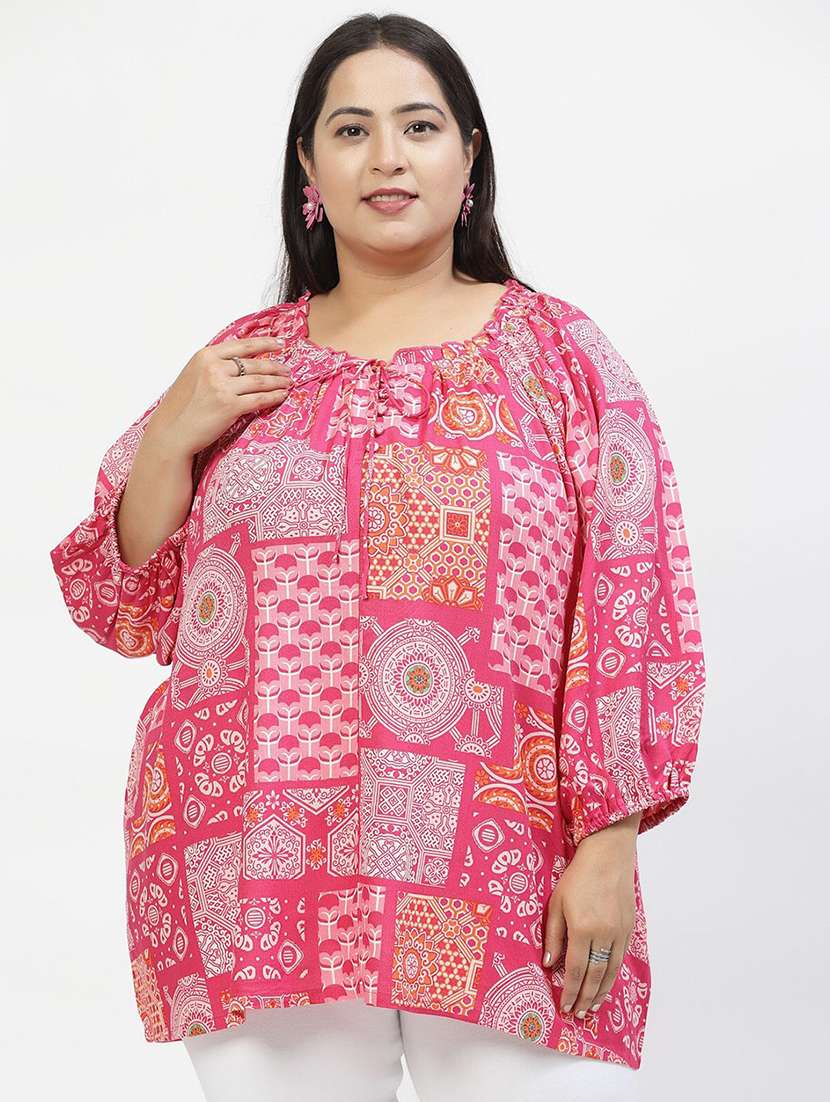 women printed tie up neck plus size top