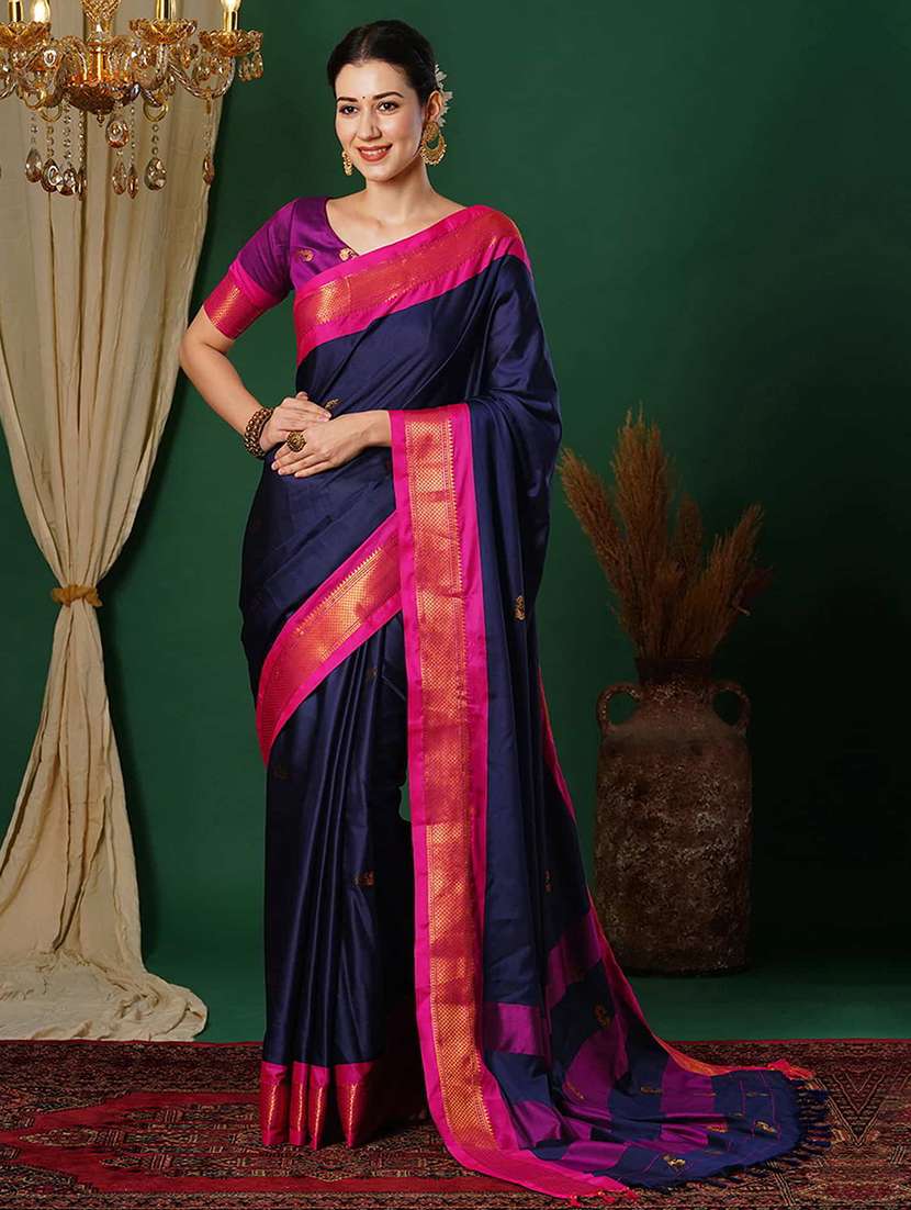 women navy blue self design zari bordered saree
