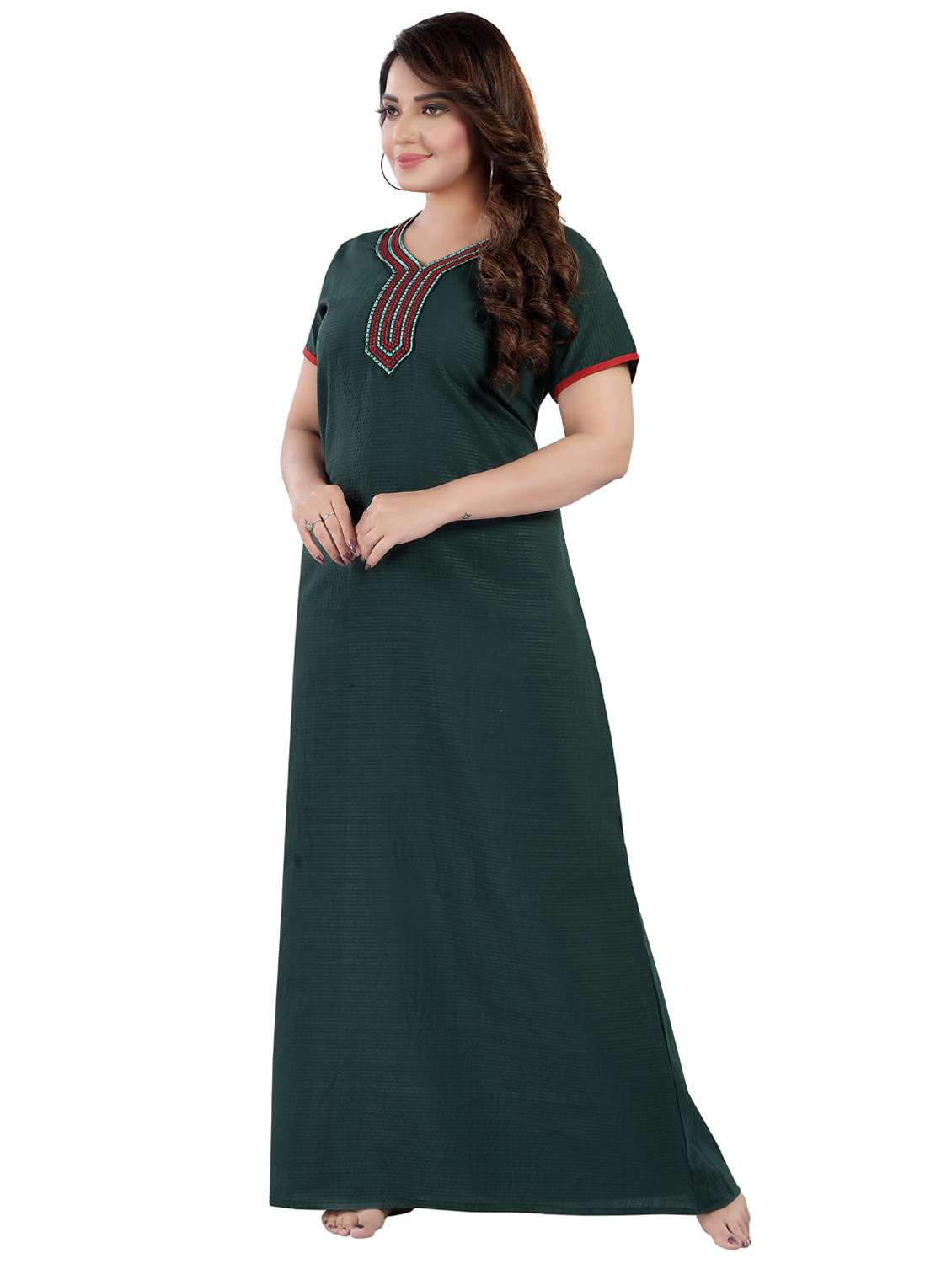 women bottle green cotton blend nighty - 21520938 - Standard Image - 3