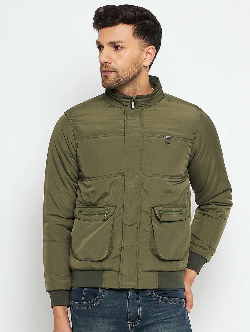 men olive polyester bomber jacket